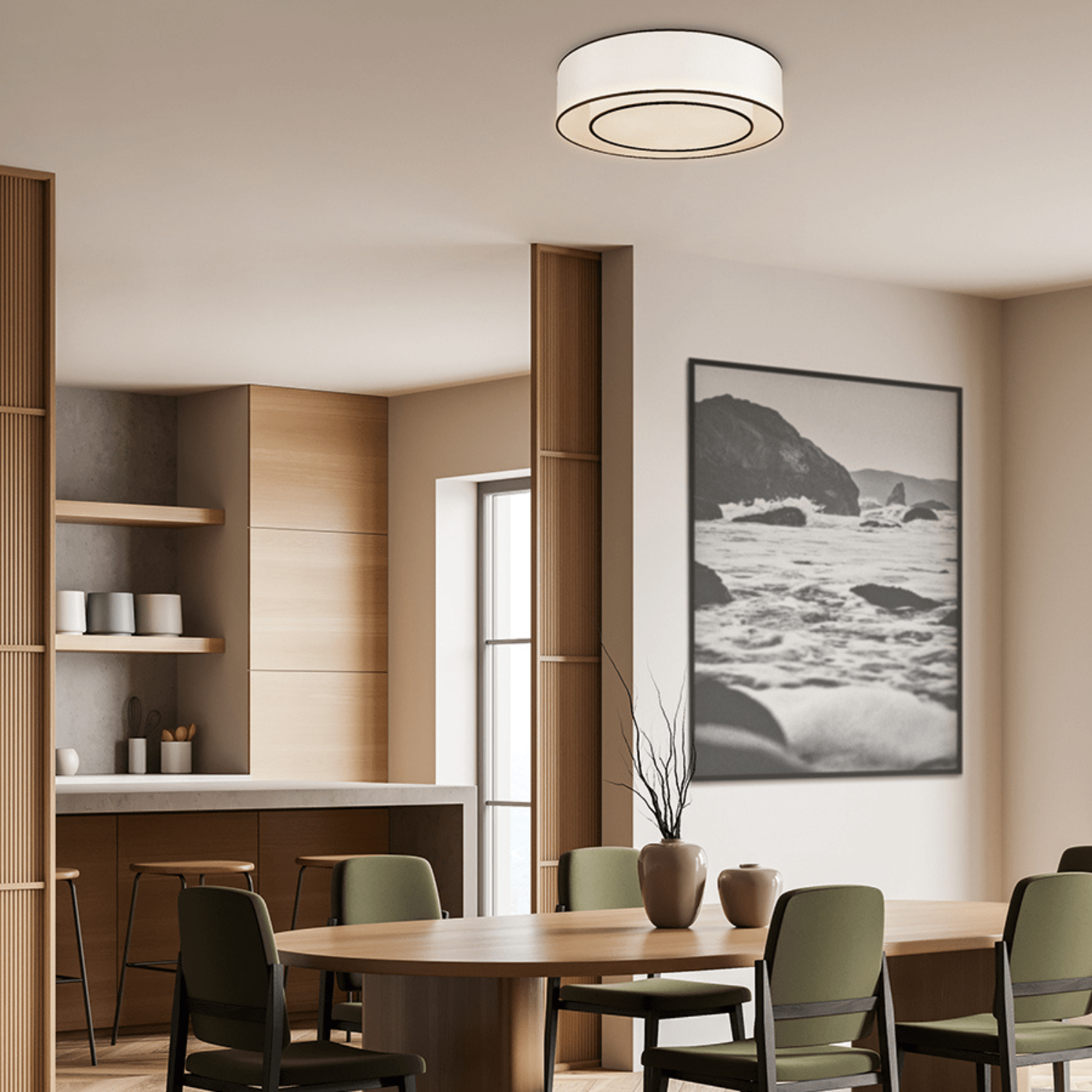 Stijlvolle beige plafondlamp met een subtiel ontwerp, ideaal voor een warme en moderne sfeer.
