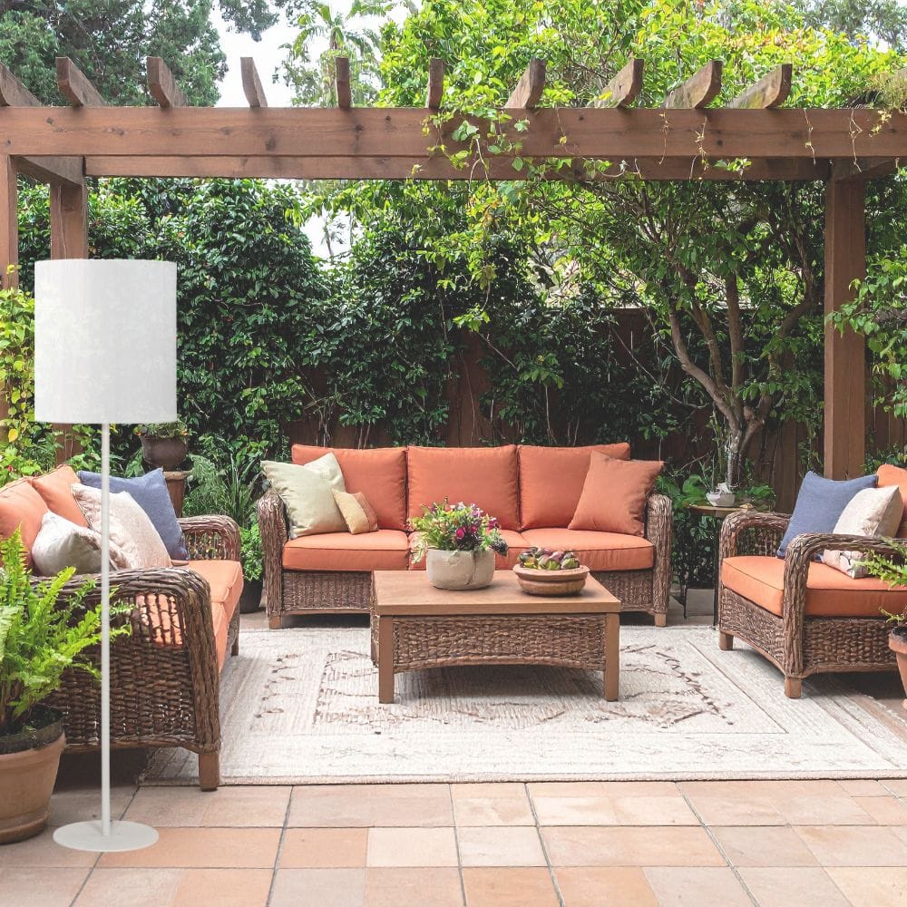 Buitenvloerlamp Agnar Wit & Wit Stoffen Kap | Acryl Dralon | Weerbestendig IP44 | Hoogte 156 cm | PR Home