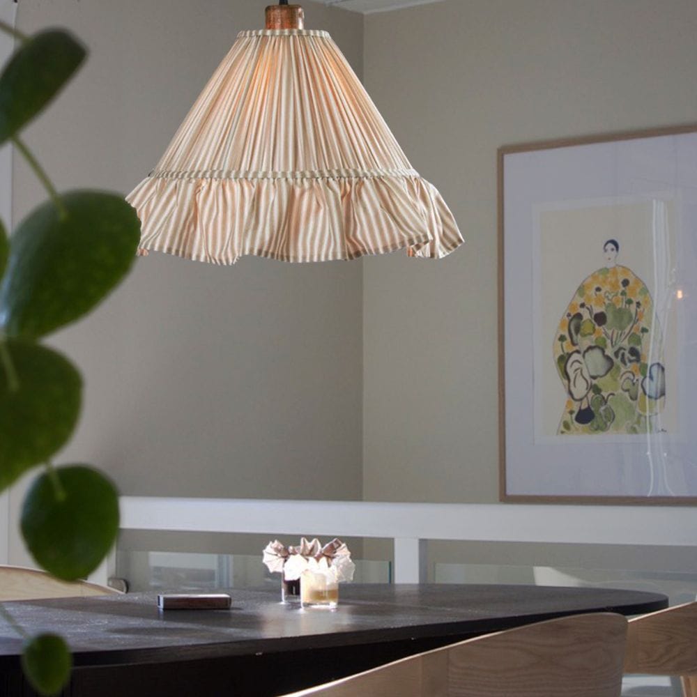 Hanglamp Estrid Beige | Gestreepte Stof & Mangohout | Ø 40 cm | PR Home